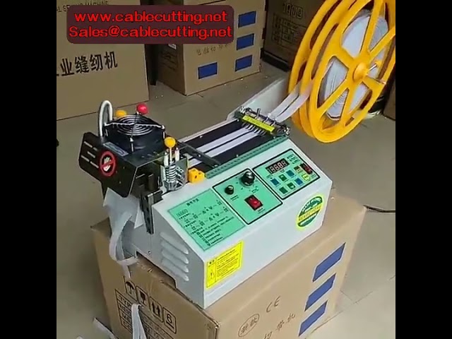 Mesin Pemotong Pita Kain Automatik dengan Skrin LCD & Pisau Panas Sejuk untuk Ritsleting, Tiub & Pengecutan Haba